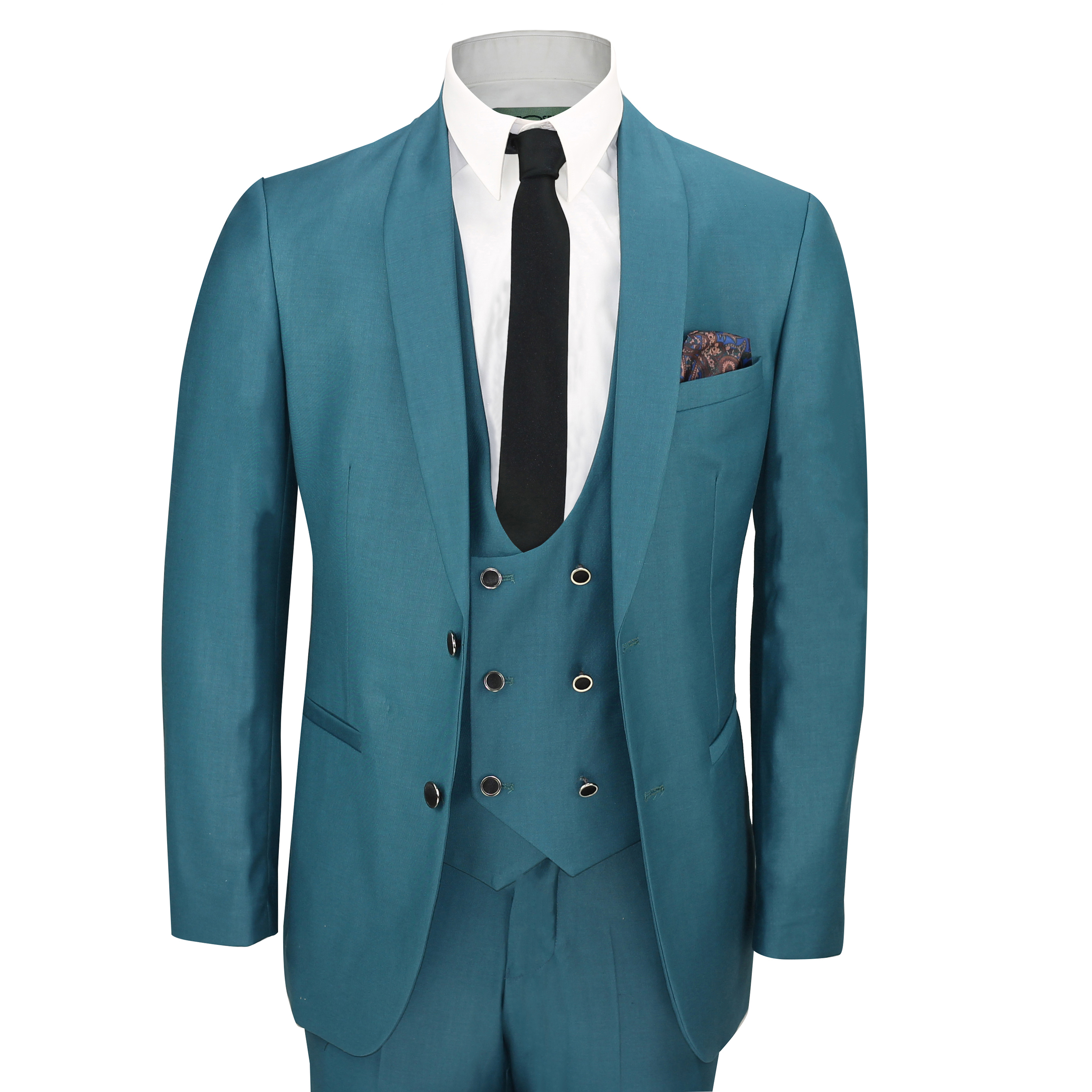 Mens 3 Piece Teal Blue Shawl Lapel Slim Fit Vintage Smart Tux Suit